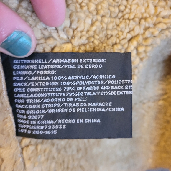 Tan and Brown Leather Hooded Bomber With Real Fur Lined Hood, L - Picture 9 of 10